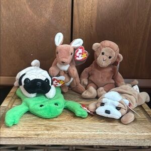 TY Beanie Babies Plush Toy Set - wrinkles, legs, pugsly, pouch, and bongo